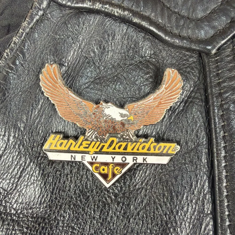 VTG Men Leather Vest Black Motorcycle Biker Sz Small Embossed Eagle 90’s w/Pins
